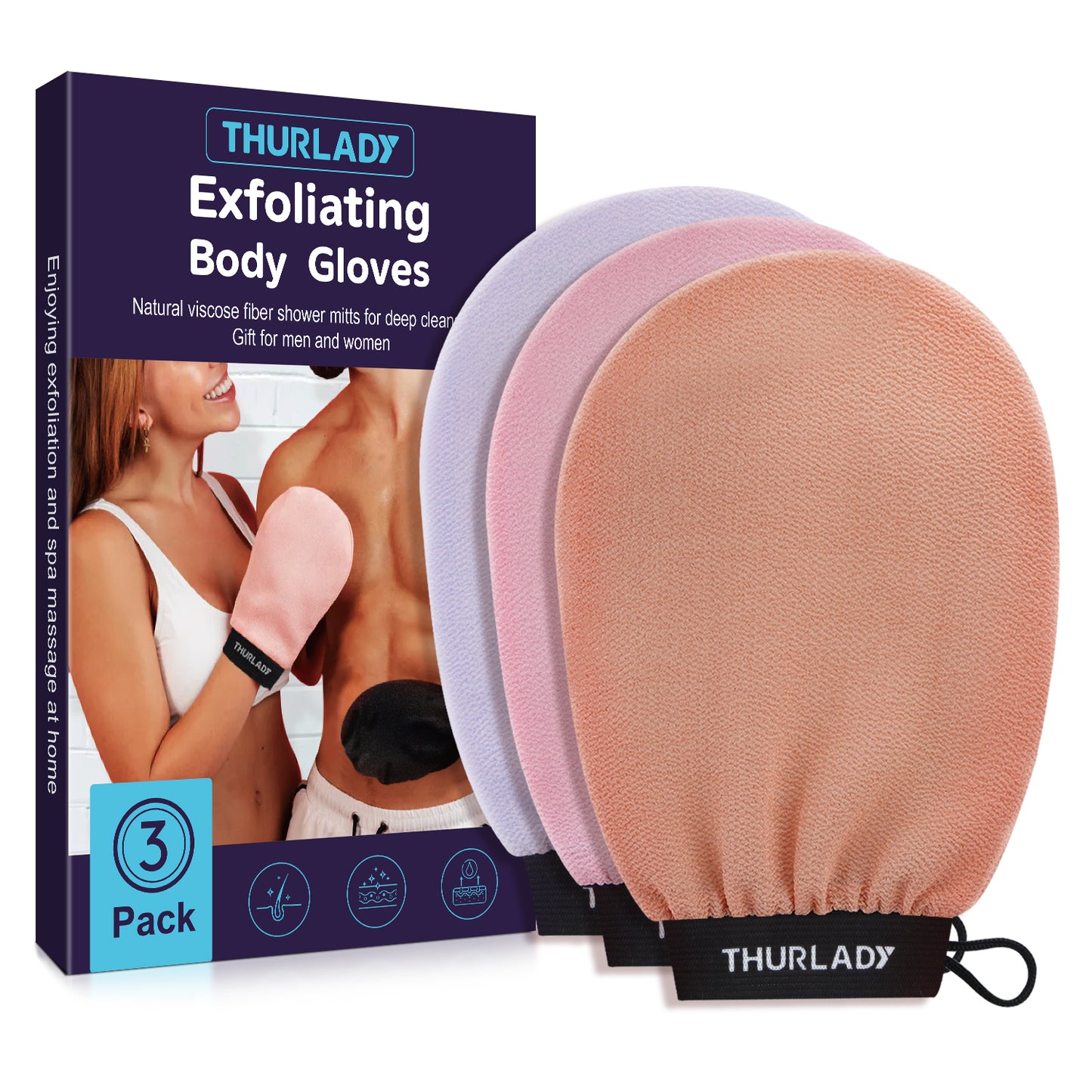 3 Pack Exfoliating Gloves for Shower(Pink/Purple/Peach)