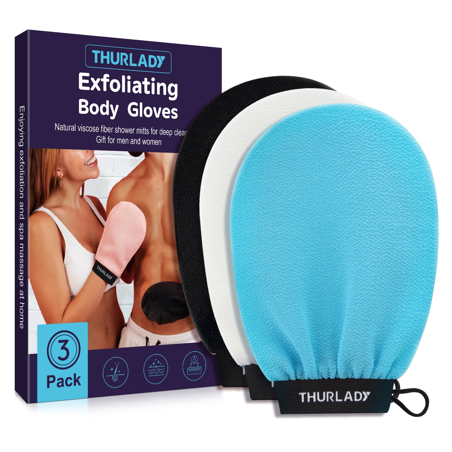 3 Pack Exfoliating Gloves for Shower(White/Black/Blue)