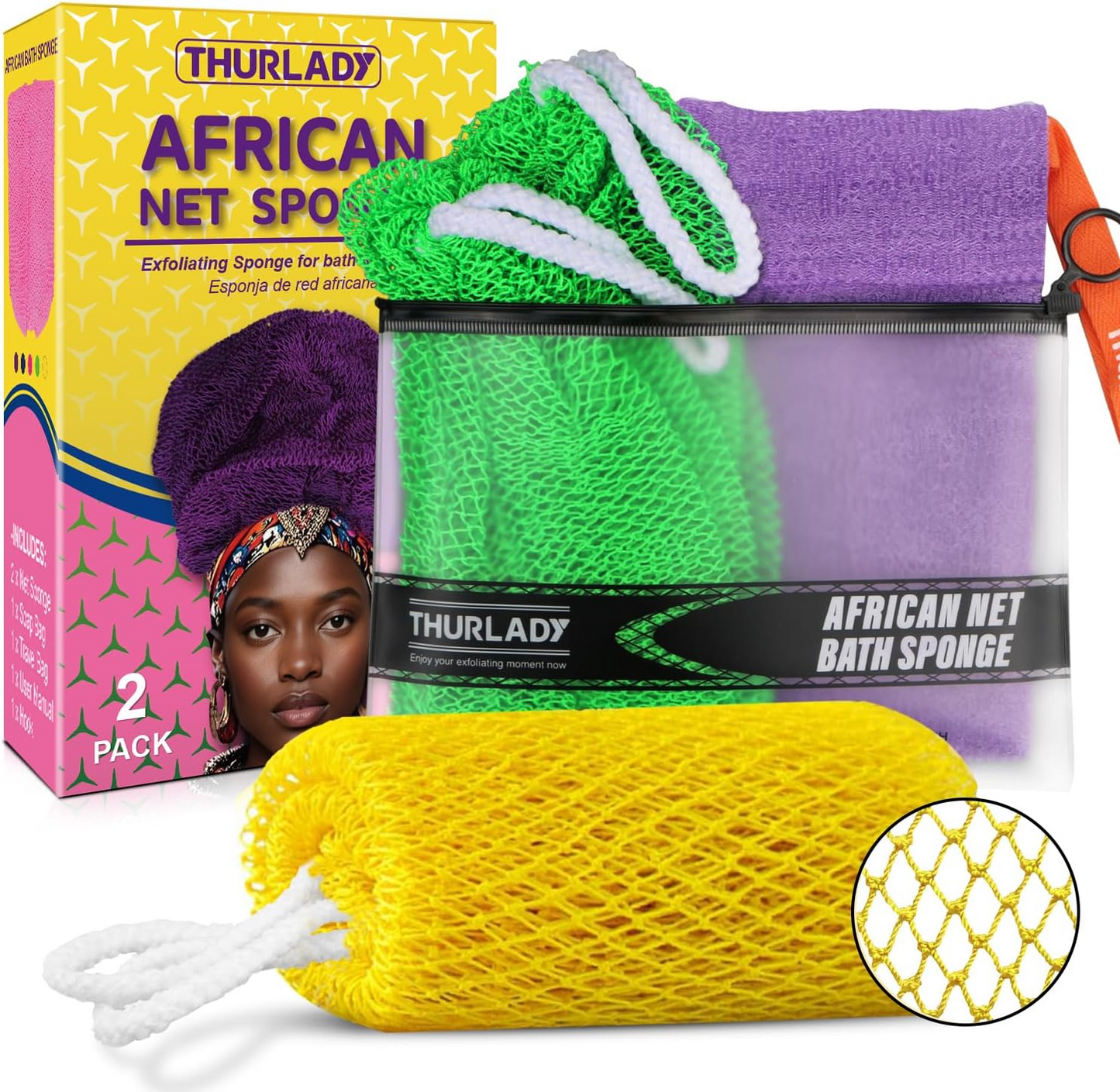 African Net Sponge Authentic (2+1 Kit, Yellow & Green)