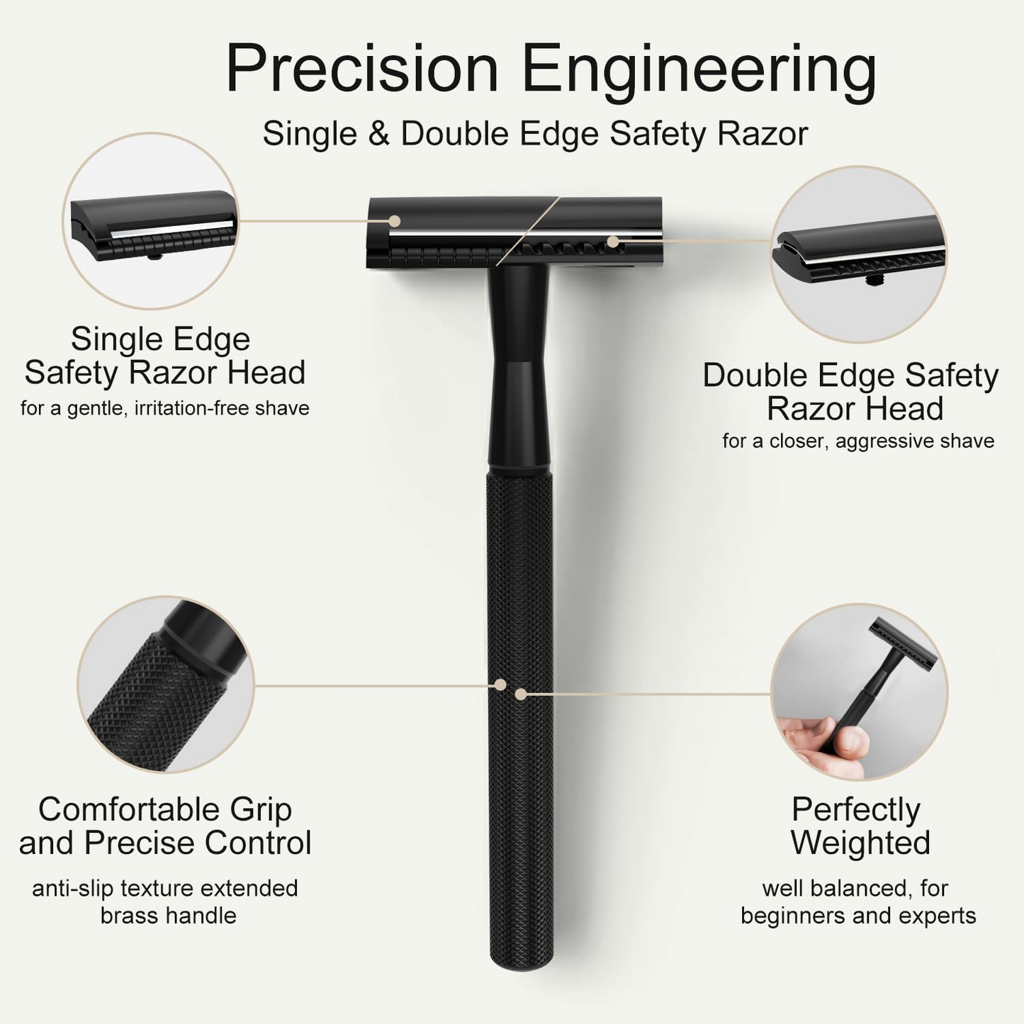Single & Double Edge Safety Razor with Stand, Matte Black