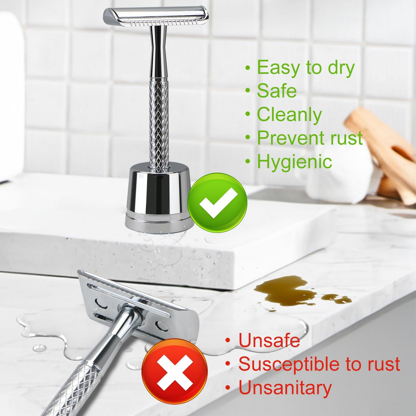 Safety Razor Stand, Safety Razor Holder (Bright Silver)