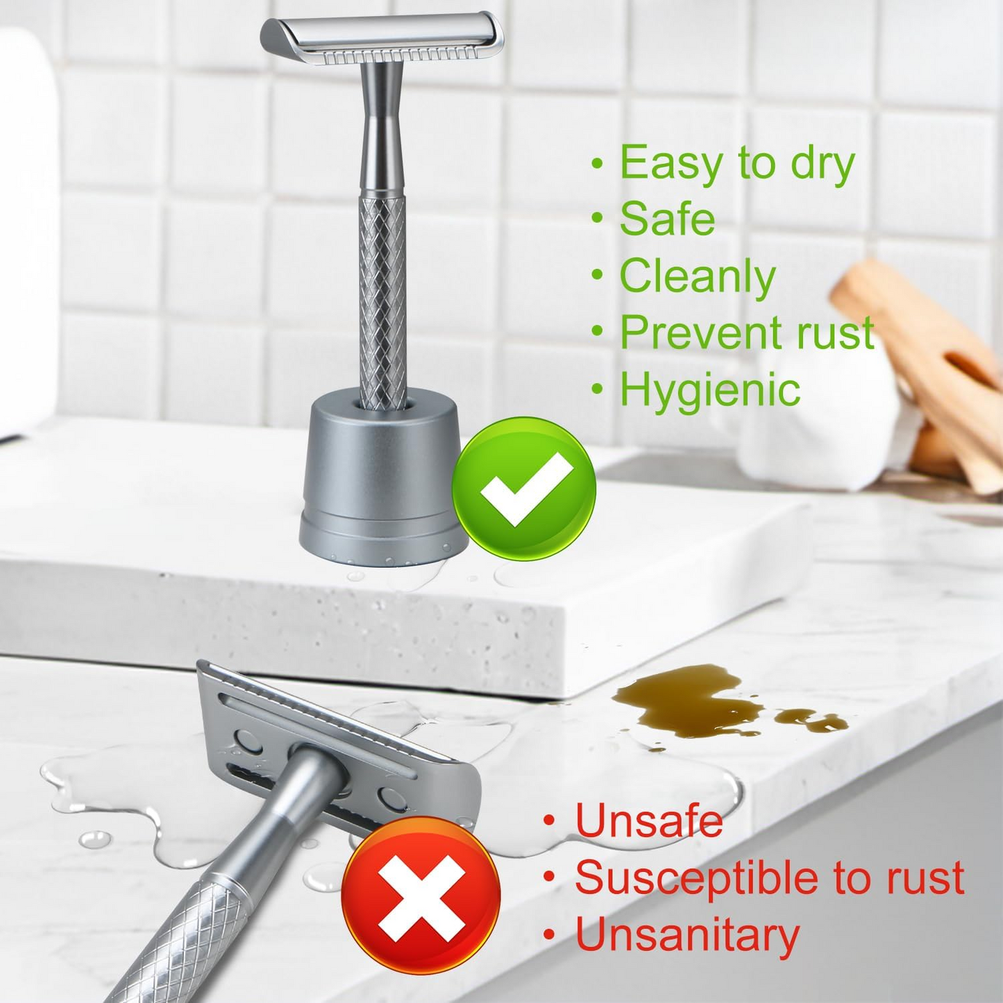 Safety Razor Stand, Safety Razor Holder (Matte Silver)
