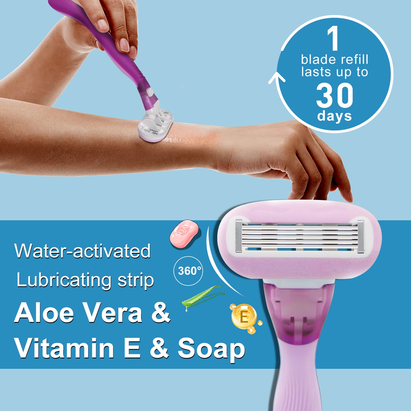 Lavender Purple Basic 5-blade Razors for Women - 1 Razor with 4 Refills