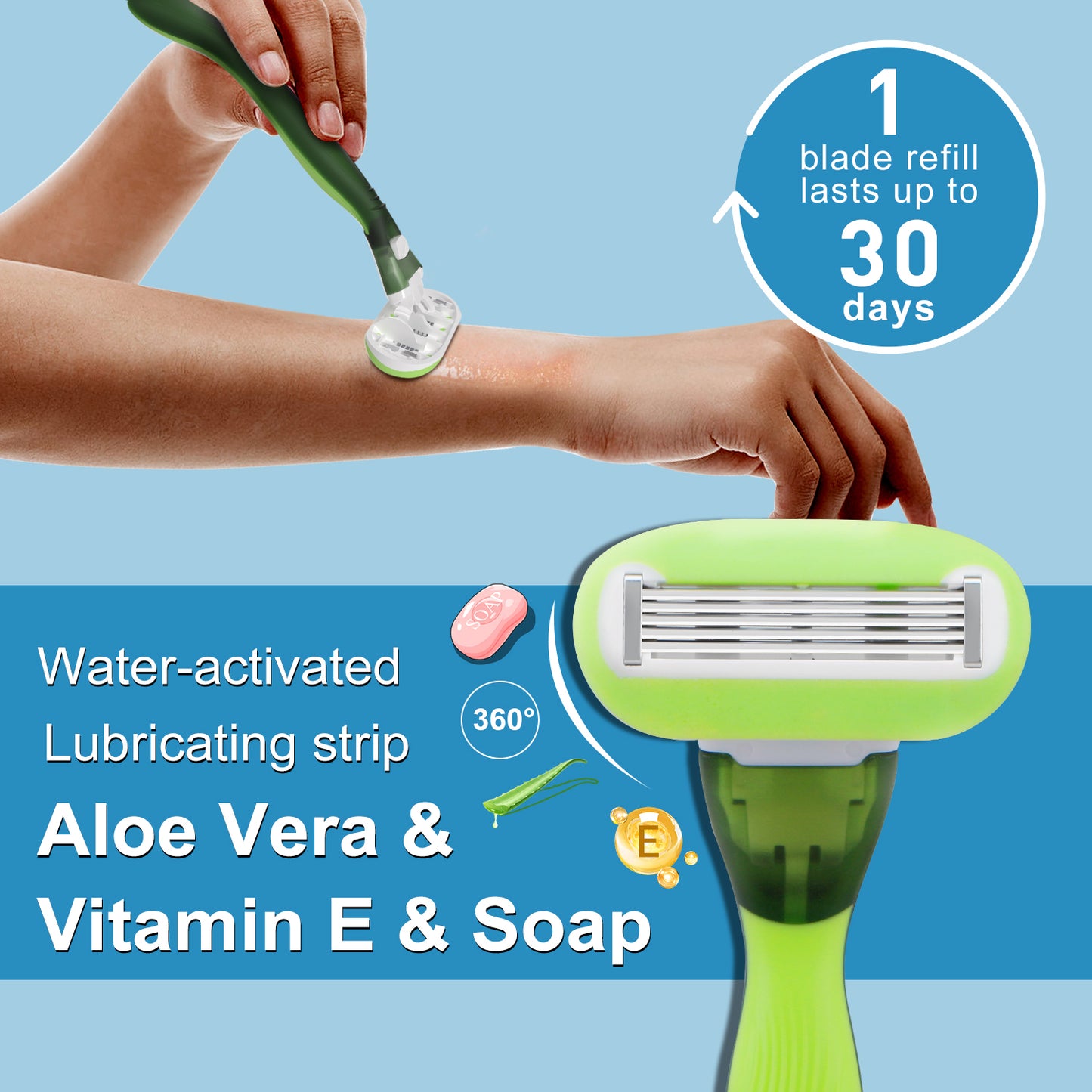 Avocado Green Basic 5-blade Razors for Women - 1 Razor with 12 Refills