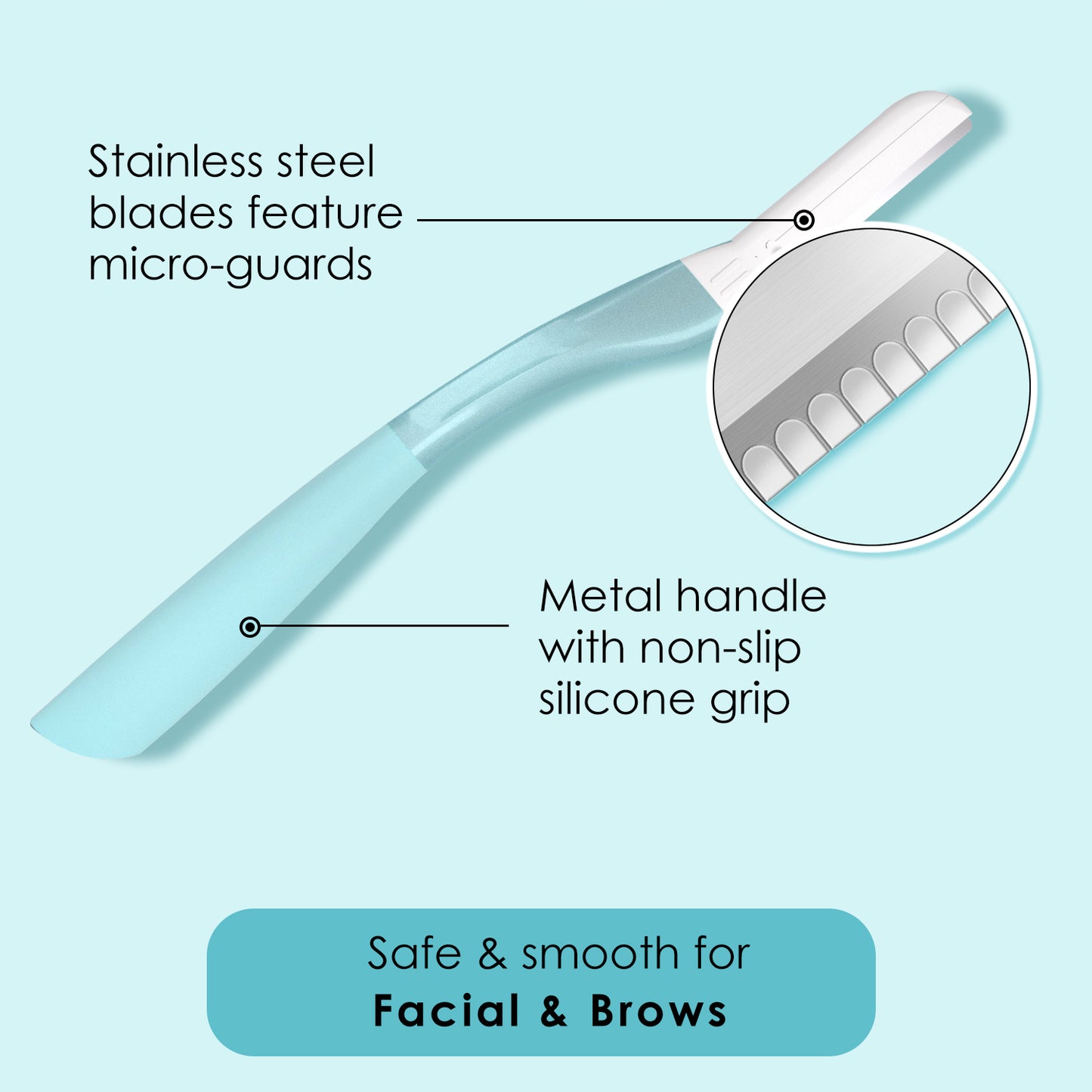 Dermaplane Razor, Metal with Silicone, 1 Handle and 10 Blades, Blue