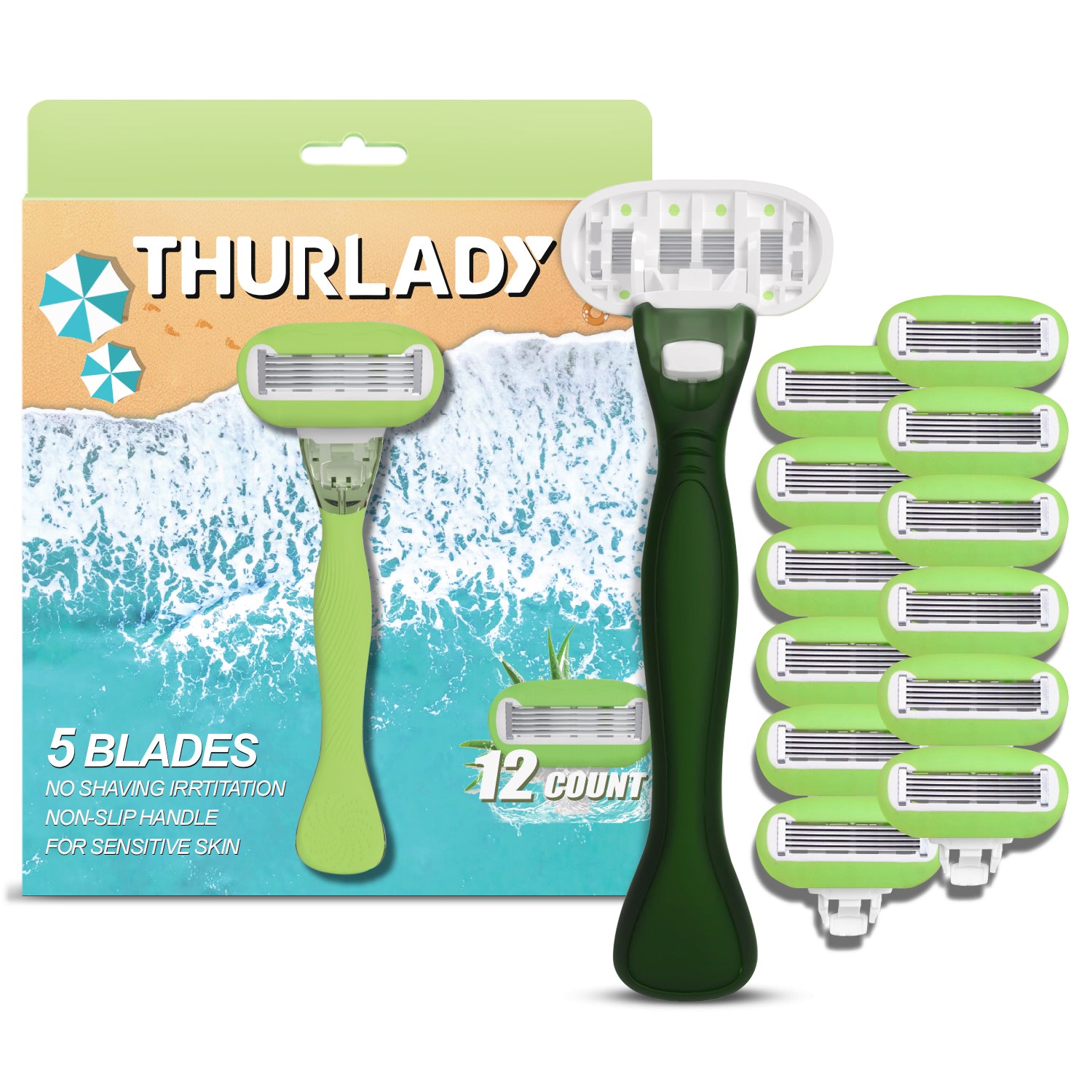 Avocado Green Basic 5-blade Razors for Women - 1 Razor with 12 Refills ...