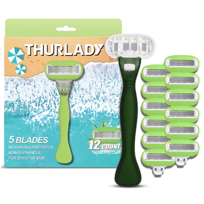 Avocado Green Basic 5-blade Razors for Women - 1 Razor with 12 Refills