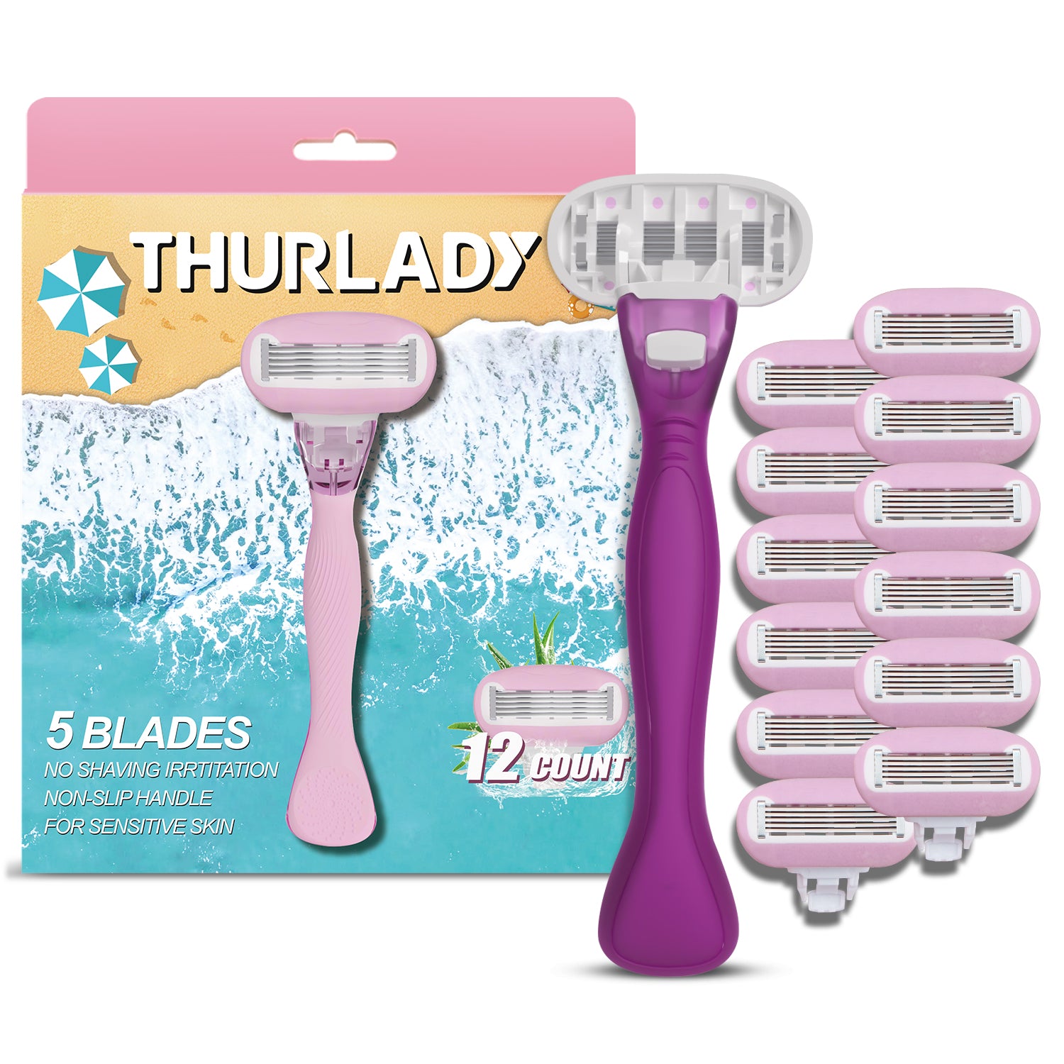Lavender Purple Basic 5-blade Razors for Women - 1 Razor with 12 Refil ...