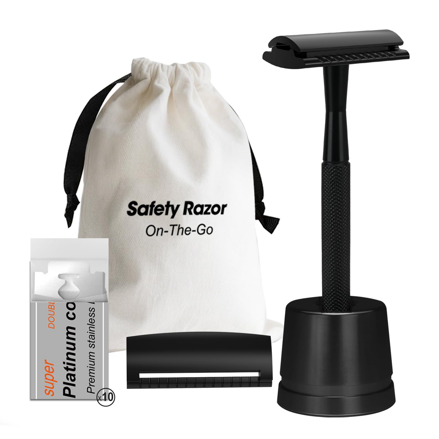 Single & Double Edge Safety Razor with Stand, Matte Black