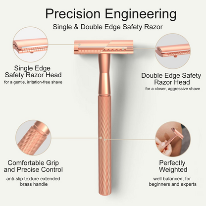 Single & Double Edge Safety Razor with Stand, Rose Gold