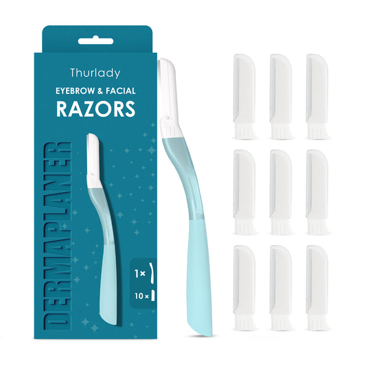 Dermaplane Razor, Metal with Silicone, 1 Handle and 10 Blades, Blue