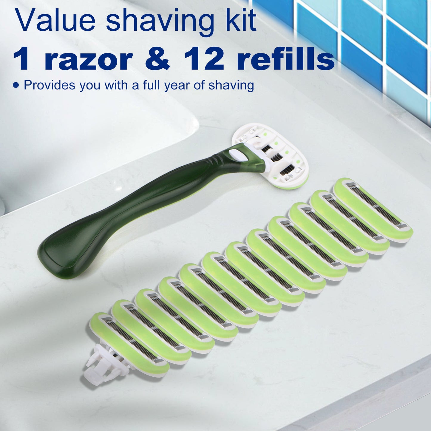 Avocado Green Basic 5-blade Razors for Women - 1 Razor with 12 Refills