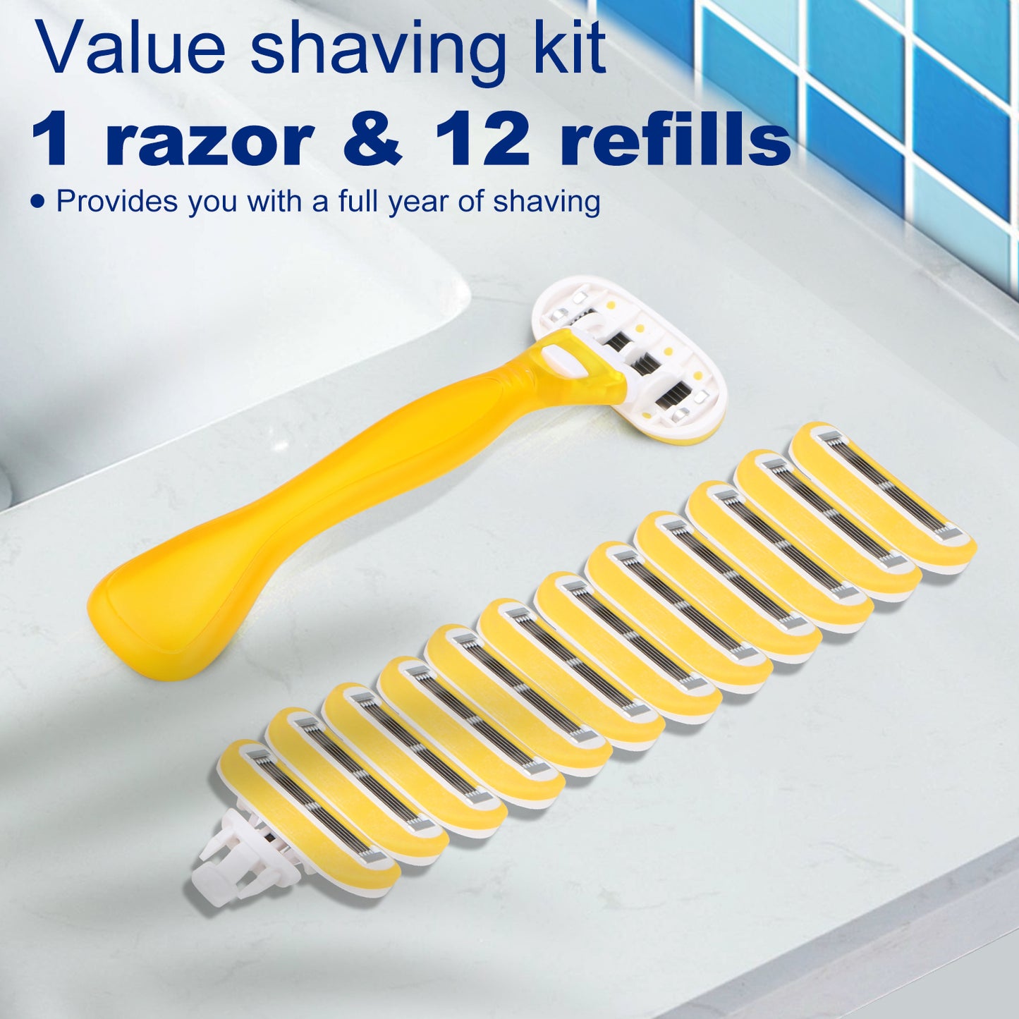 Lemon Yellow Basic 5-blade Razors for Women - 1 Razor with 12 Refills